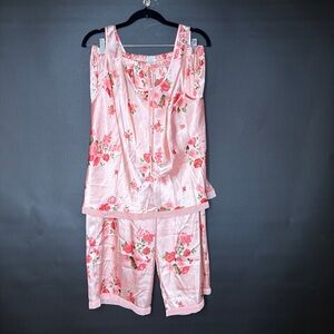 Vintage CRUZ Pink Floral Satin Pajama Set Tank & Pants Size 1X
